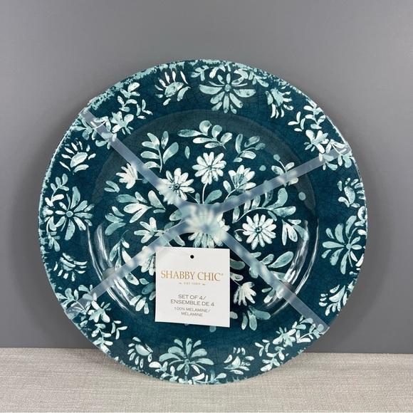 Shabby Chic Melamine Salad Plates Blue White Floral Spring 8.5" Set of 4 NEW - Picture 1 of 5
